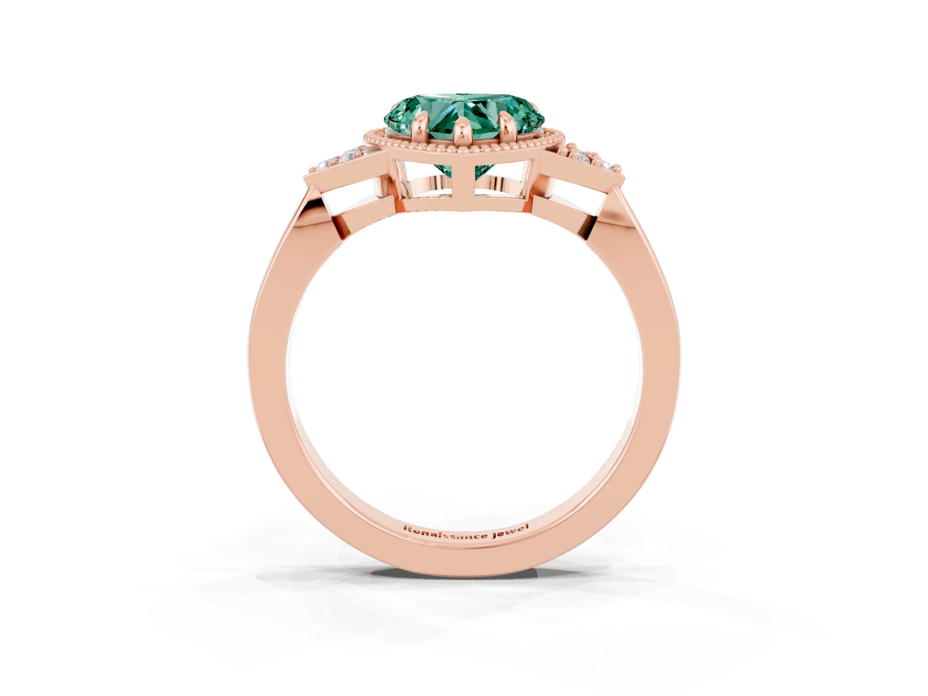 Rose gold Heart Cut Green Sapphire Halo Ring with Tapered Band and Four-Prong Setting_3