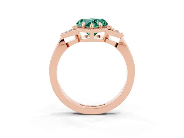 Rose gold Heart Cut Green Sapphire Halo Ring with Tapered Band and Four-Prong Setting