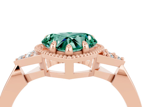Rose gold Heart Cut Green Sapphire Halo Ring with Tapered Band and Four-Prong Setting_4