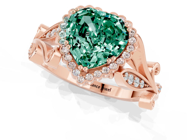 Rose gold Heart Cut Green Sapphire Halo Ring with Vintage Split Shank and Four-Prong Setting