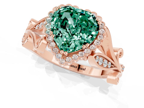 Rose gold Heart Cut Green Sapphire Halo Ring with Vintage Split Shank and Four-Prong Setting_1
