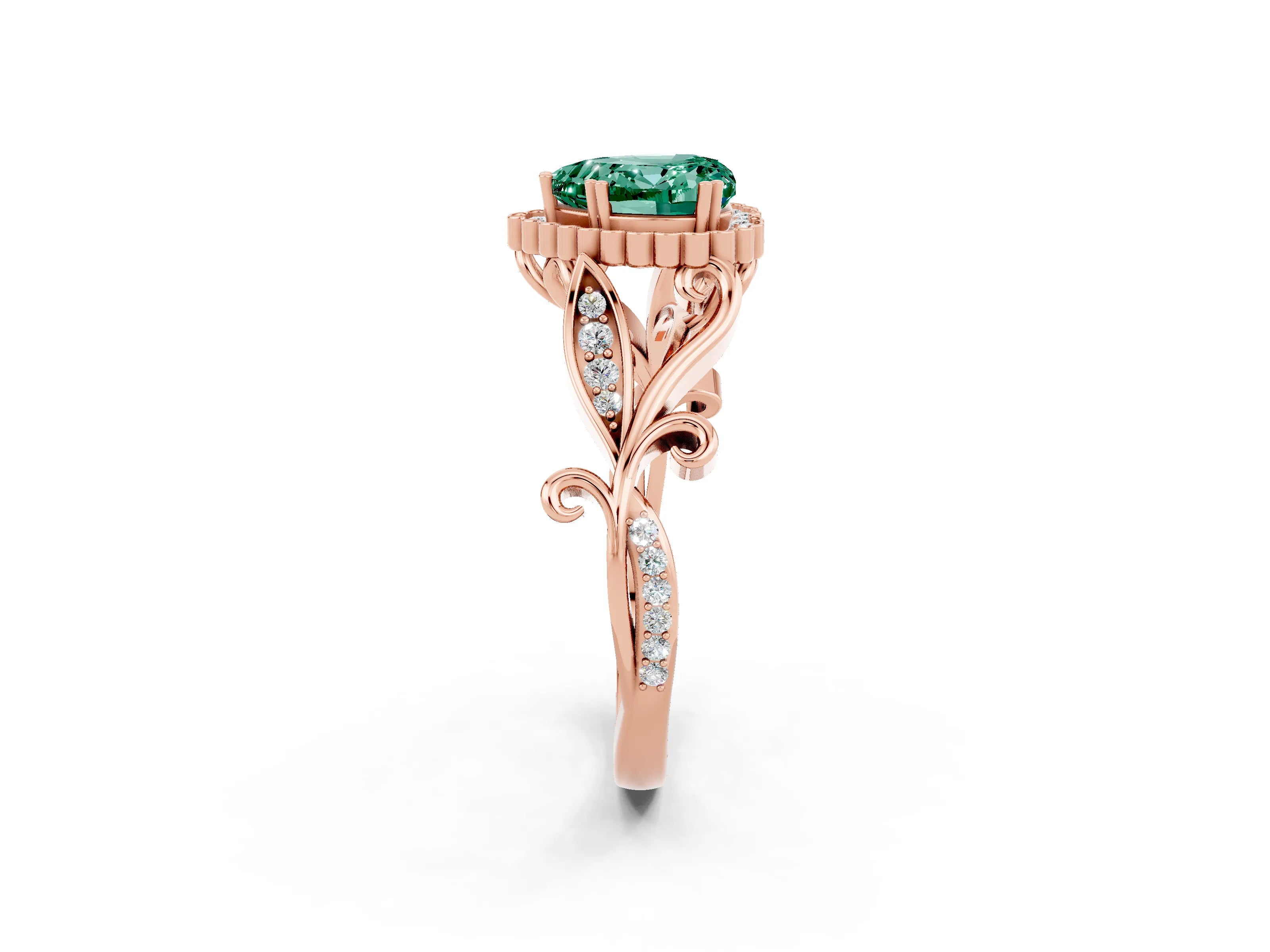 Rose gold Heart Cut Green Sapphire Halo Ring with Vintage Split Shank and Four-Prong Setting_2