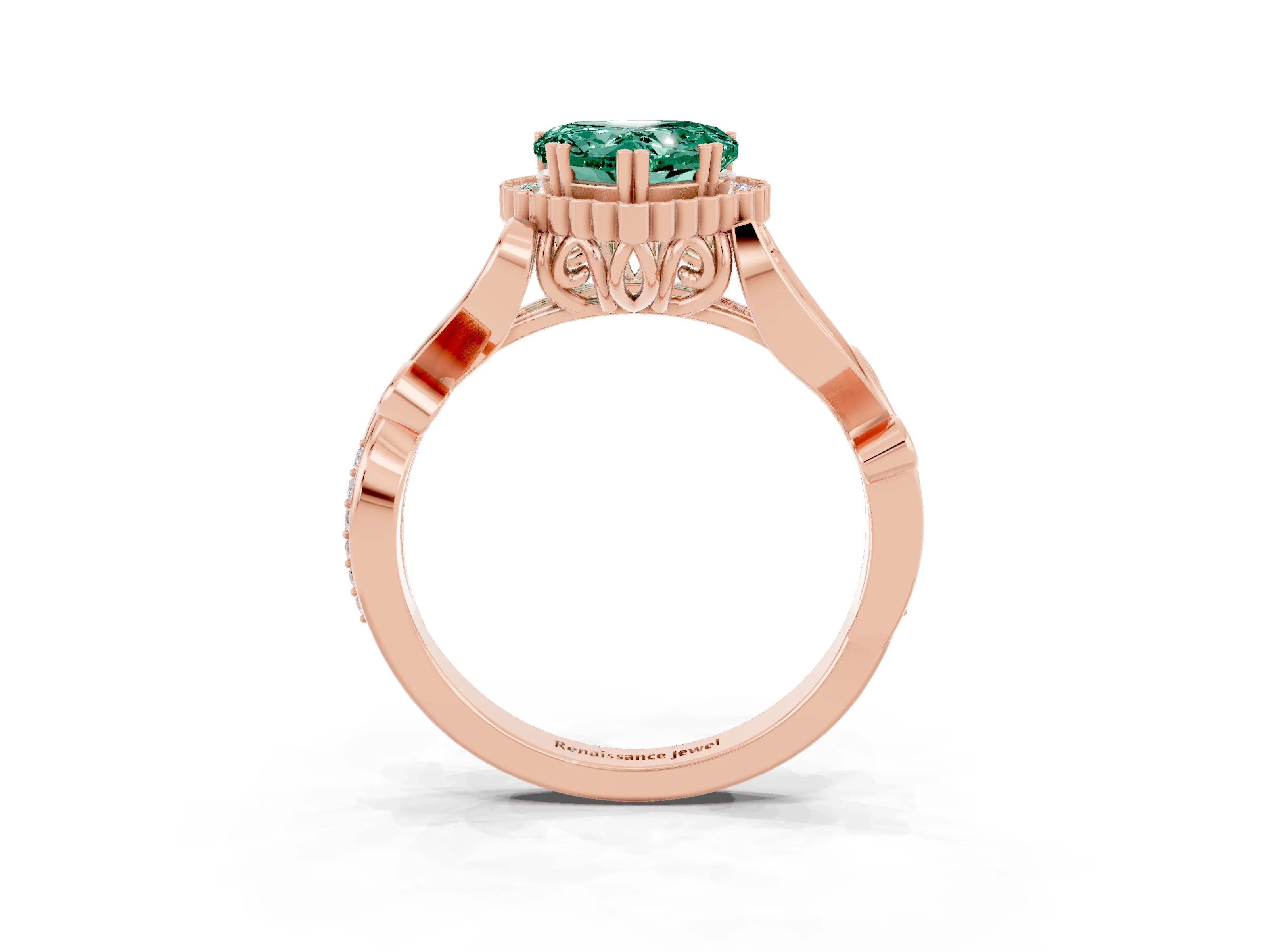 Rose gold Heart Cut Green Sapphire Halo Ring with Vintage Split Shank and Four-Prong Setting_3