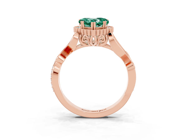 Rose gold Heart Cut Green Sapphire Halo Ring with Vintage Split Shank and Four-Prong Setting