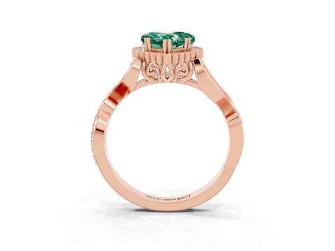 Rose gold Heart Cut Green Sapphire Halo Ring with Vintage Split Shank and Four-Prong Setting_3
