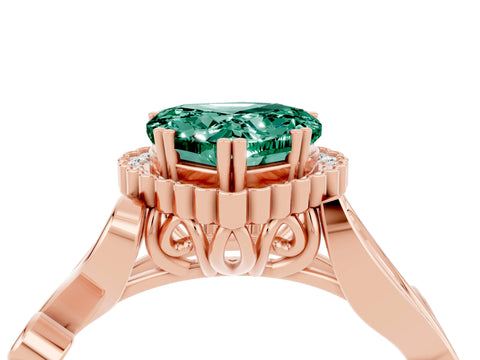 Rose gold Heart Cut Green Sapphire Halo Ring with Vintage Split Shank and Four-Prong Setting_4