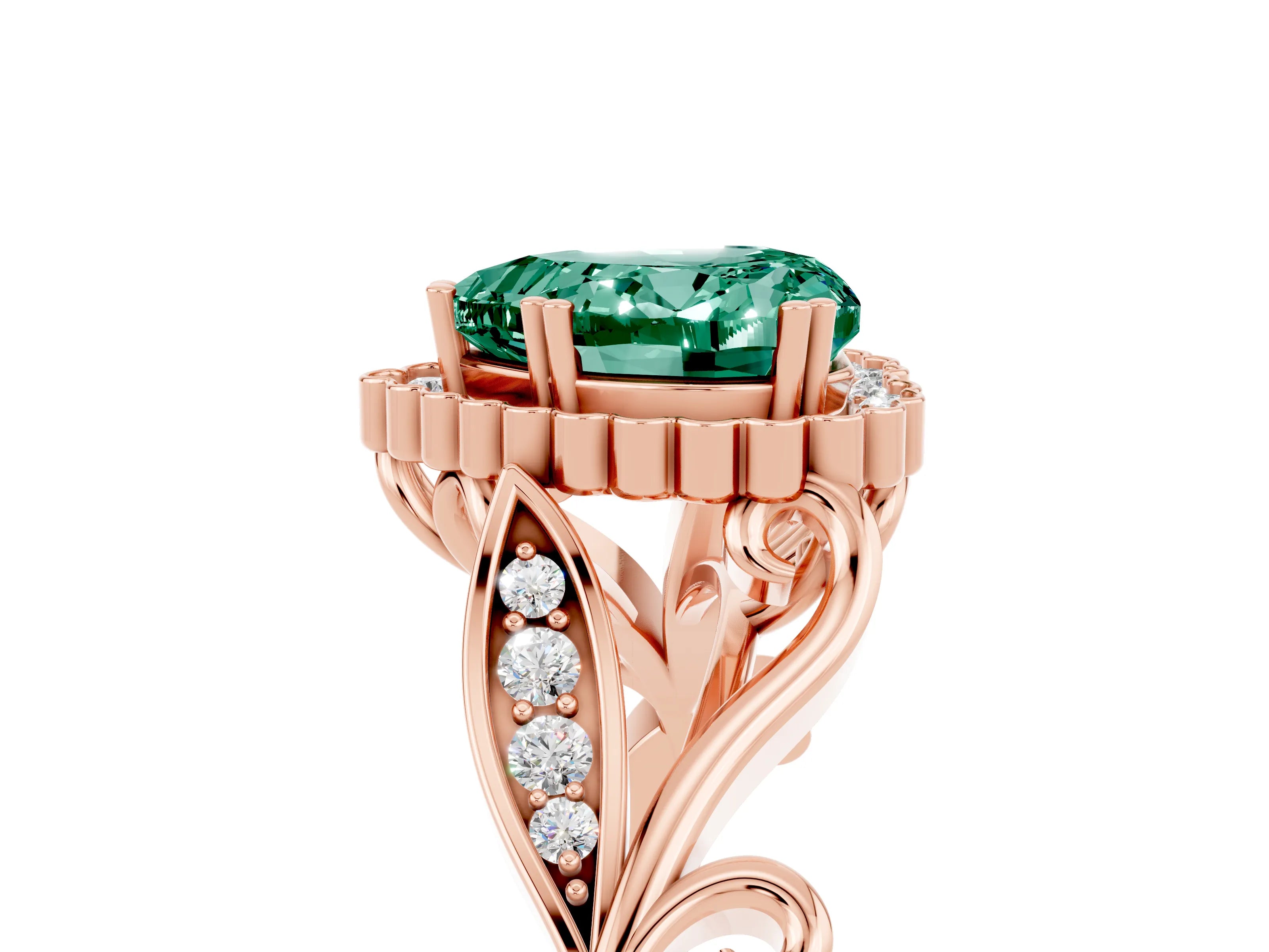 Rose gold Heart Cut Green Sapphire Halo Ring with Vintage Split Shank and Four-Prong Setting_5