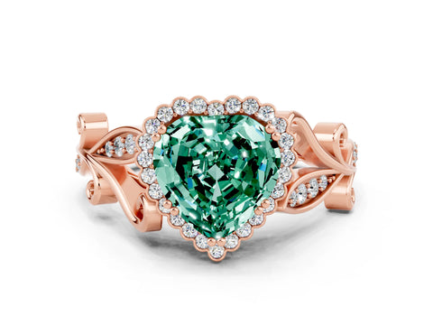 Rose gold Heart Cut Green Sapphire Halo Ring with Vintage Split Shank and Four-Prong Setting