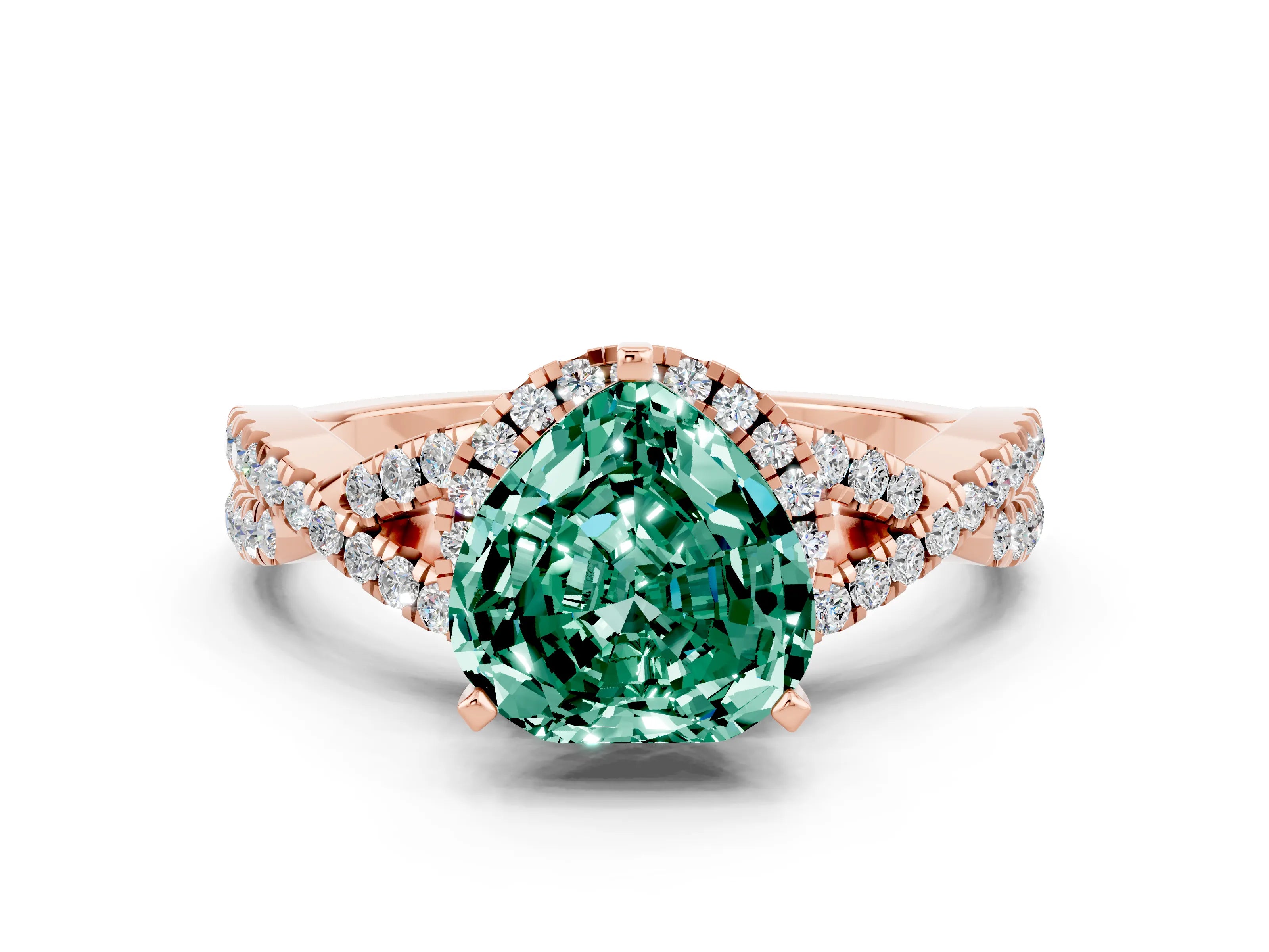Rose gold Heart Cut Green Sapphire Halo Twist Band Solitaire Prong Setting Ring