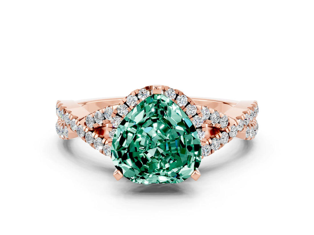 Rose gold Heart Cut Green Sapphire Halo Twist Band Solitaire Prong Setting Ring