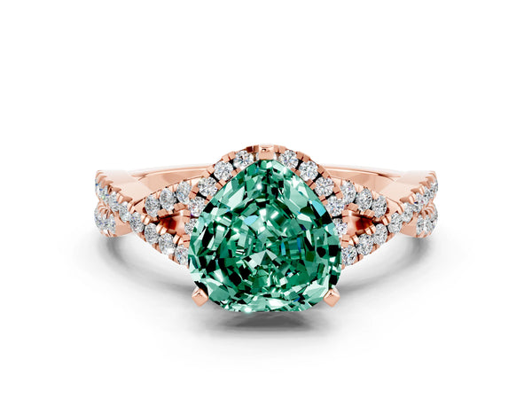 Rose gold Heart Cut Green Sapphire  Halo Twist Band Solitaire Prong Setting Ring