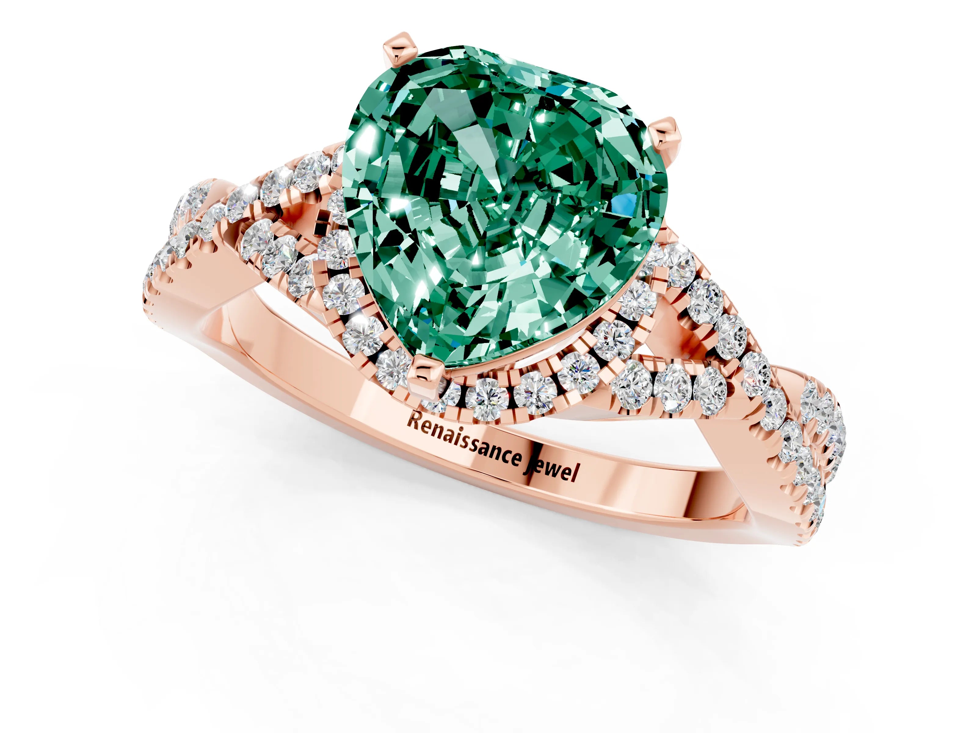 Rose gold Heart Cut Green Sapphire Halo Twist Band Solitaire Prong Setting Ring_1