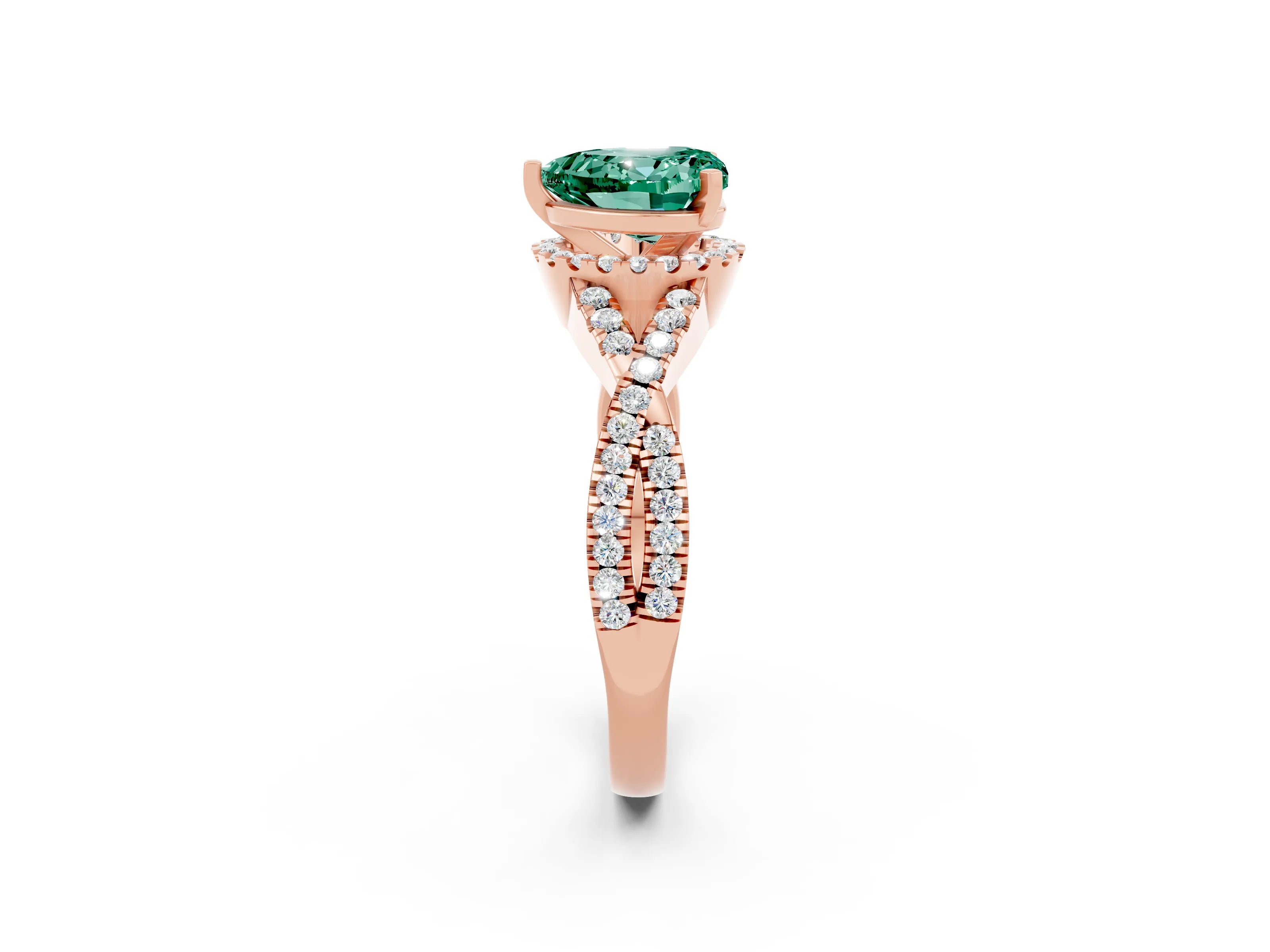 Rose gold Heart Cut Green Sapphire Halo Twist Band Solitaire Prong Setting Ring_2