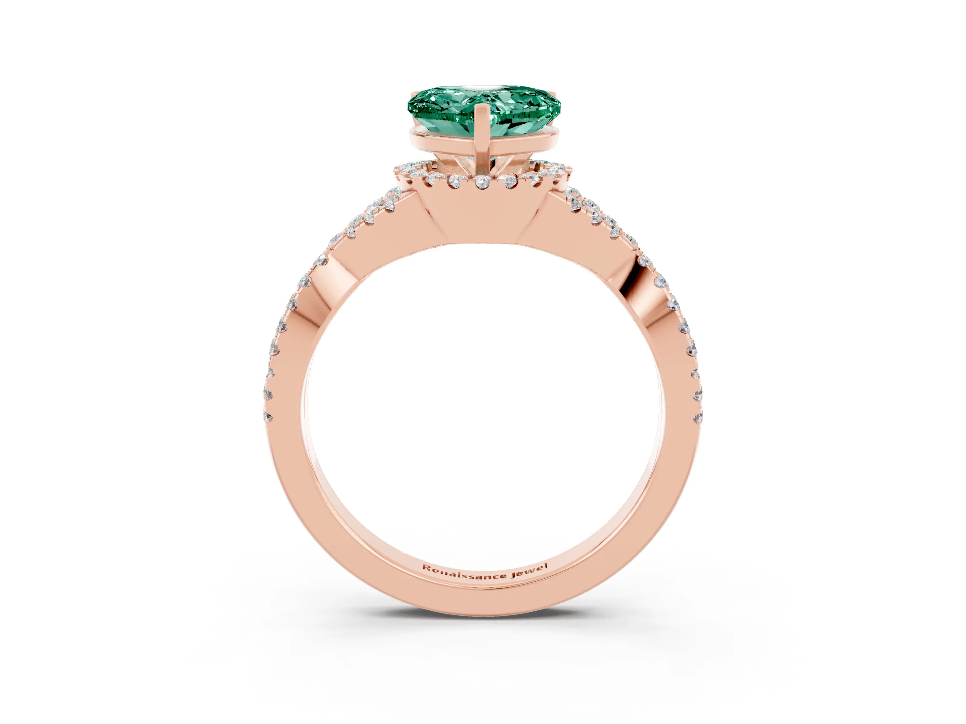 Rose gold Heart Cut Green Sapphire Halo Twist Band Solitaire Prong Setting Ring_3