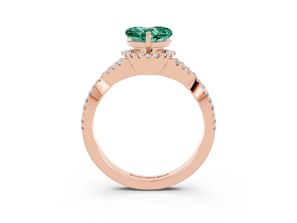 Rose gold Heart Cut Green Sapphire  Halo Twist Band Solitaire Prong Setting Ring