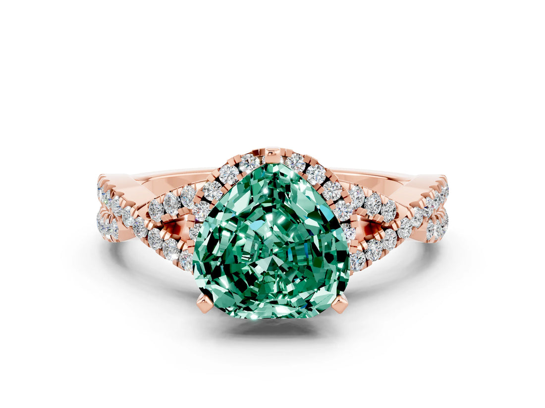 Rose gold Heart Cut Green Sapphire  Halo Twist Band Solitaire Prong Setting Ring_42