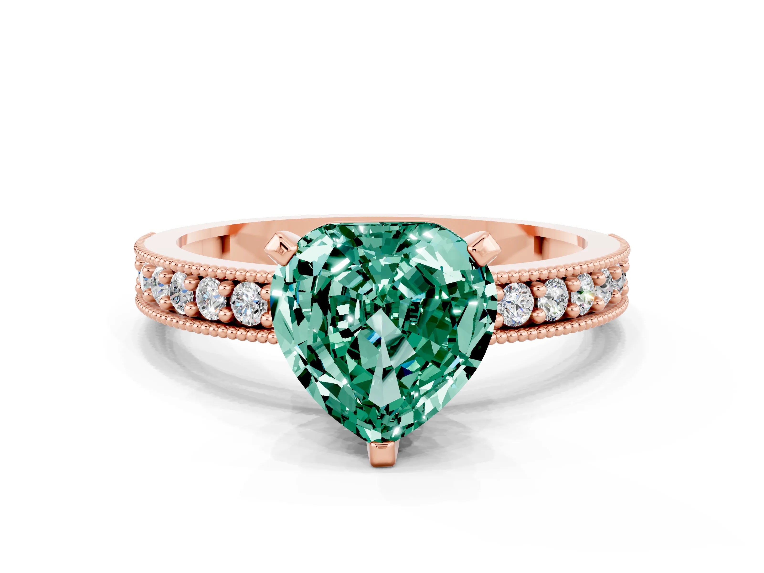 Rose gold Heart Cut Green Sapphire Milgrain Pavé Engagement Ring with Four-Prong Setting_12