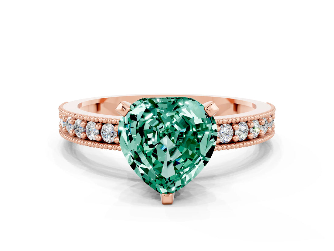Rose gold Heart Cut Green Sapphire Milgrain Pavé Engagement Ring with Four-Prong Setting_12