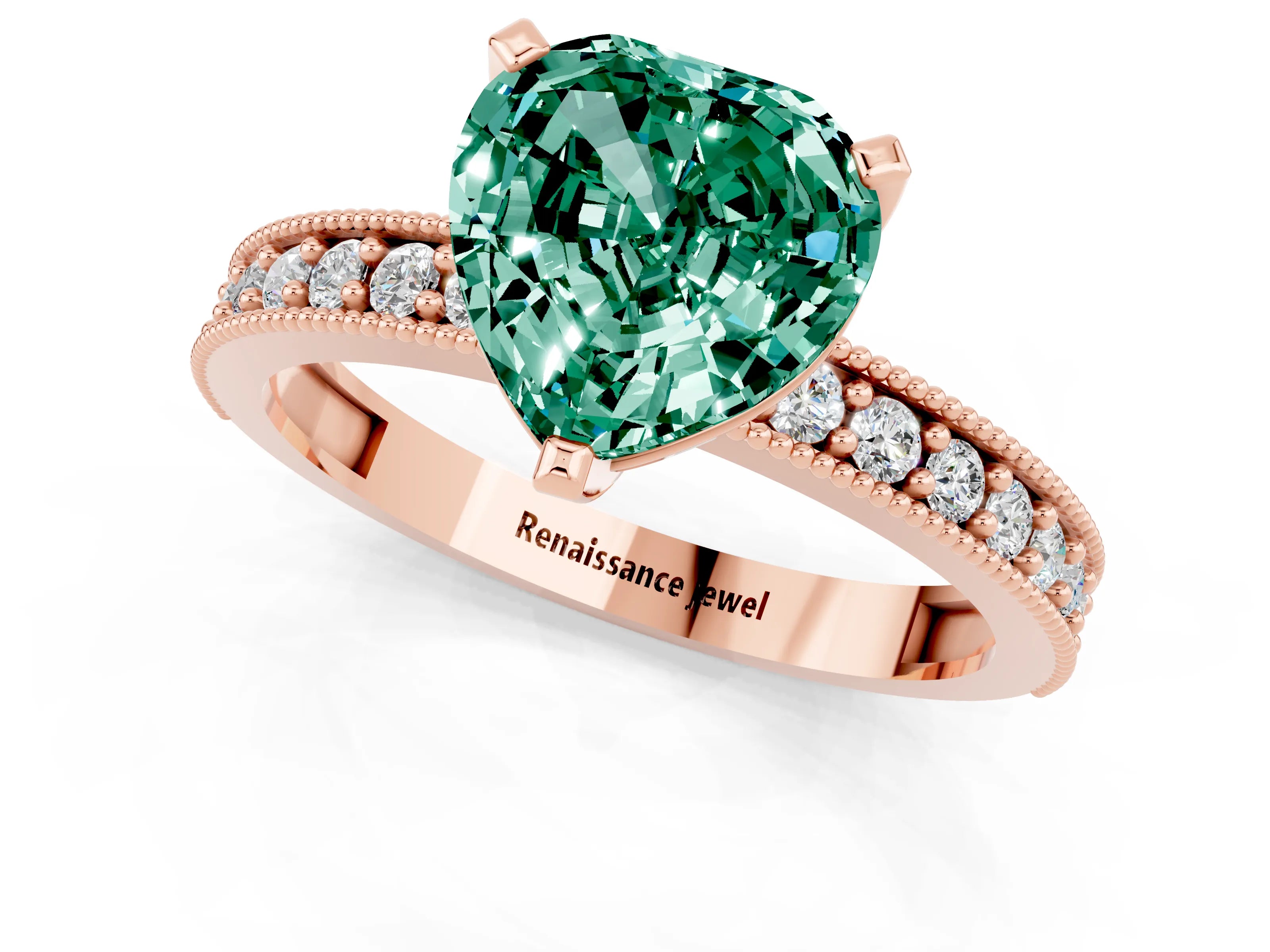 Rose gold Heart Cut Green Sapphire Milgrain Pavé Engagement Ring with Four-Prong Setting_13
