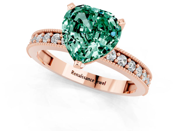 Rose gold Heart Cut Green Sapphire Milgrain Pavé Engagement Ring with Four-Prong Setting