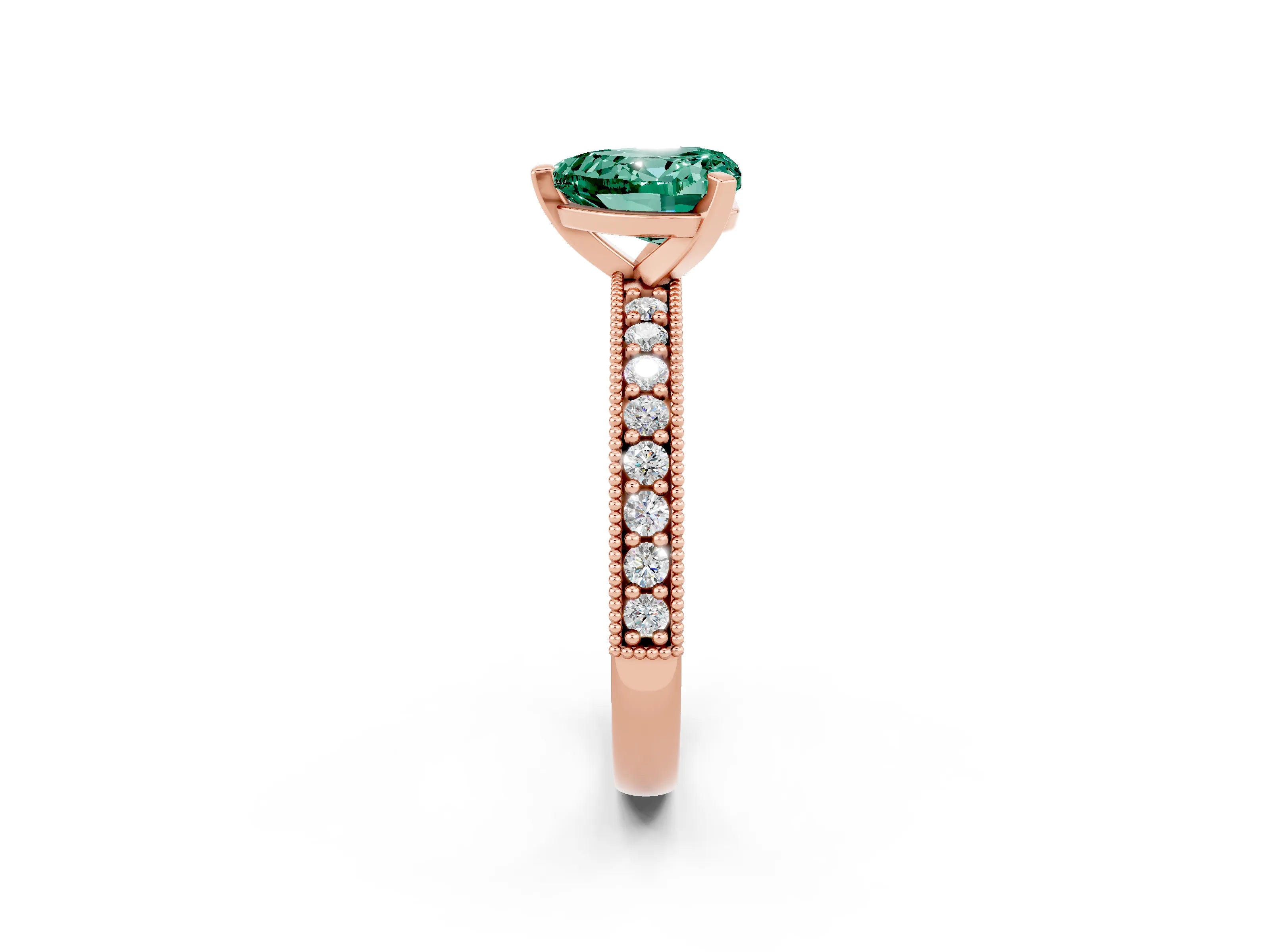 Rose gold Heart Cut Green Sapphire Milgrain Pavé Engagement Ring with Four-Prong Setting_14