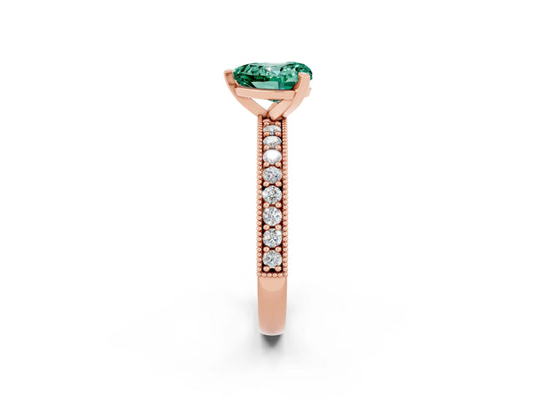 Rose gold Heart Cut Green Sapphire Milgrain Pavé Engagement Ring with Four-Prong Setting