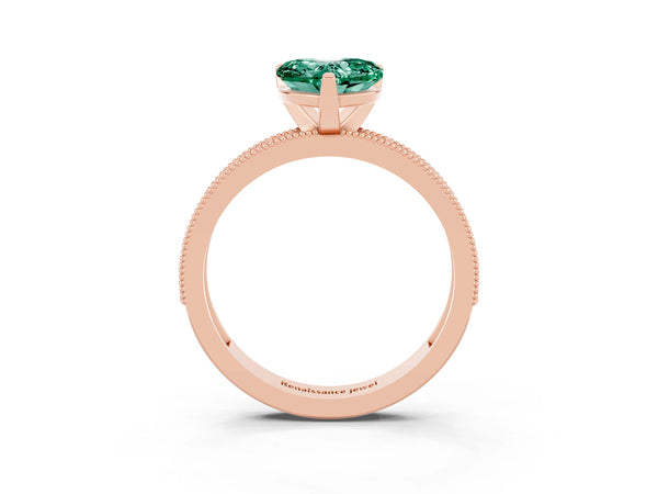 Rose gold Heart Cut Green Sapphire Milgrain Pavé Engagement Ring with Four-Prong Setting
