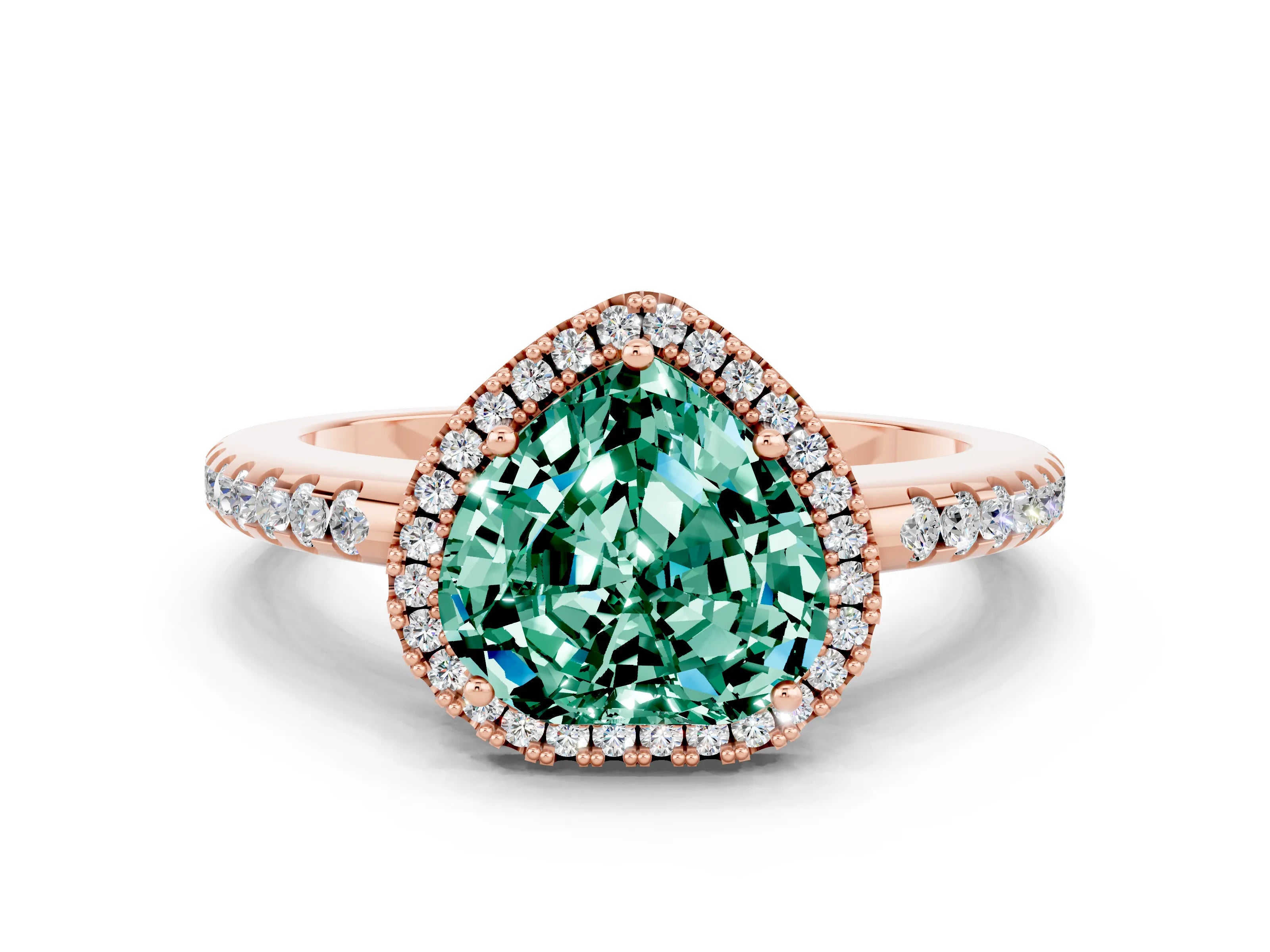 Rose gold Heart Cut Green Sapphire Pavé Halo Ring with Four-Prong Setting_12