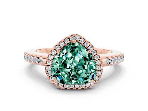 Rose gold Heart Cut Green Sapphire Pavé Halo Ring with Four-Prong Setting
