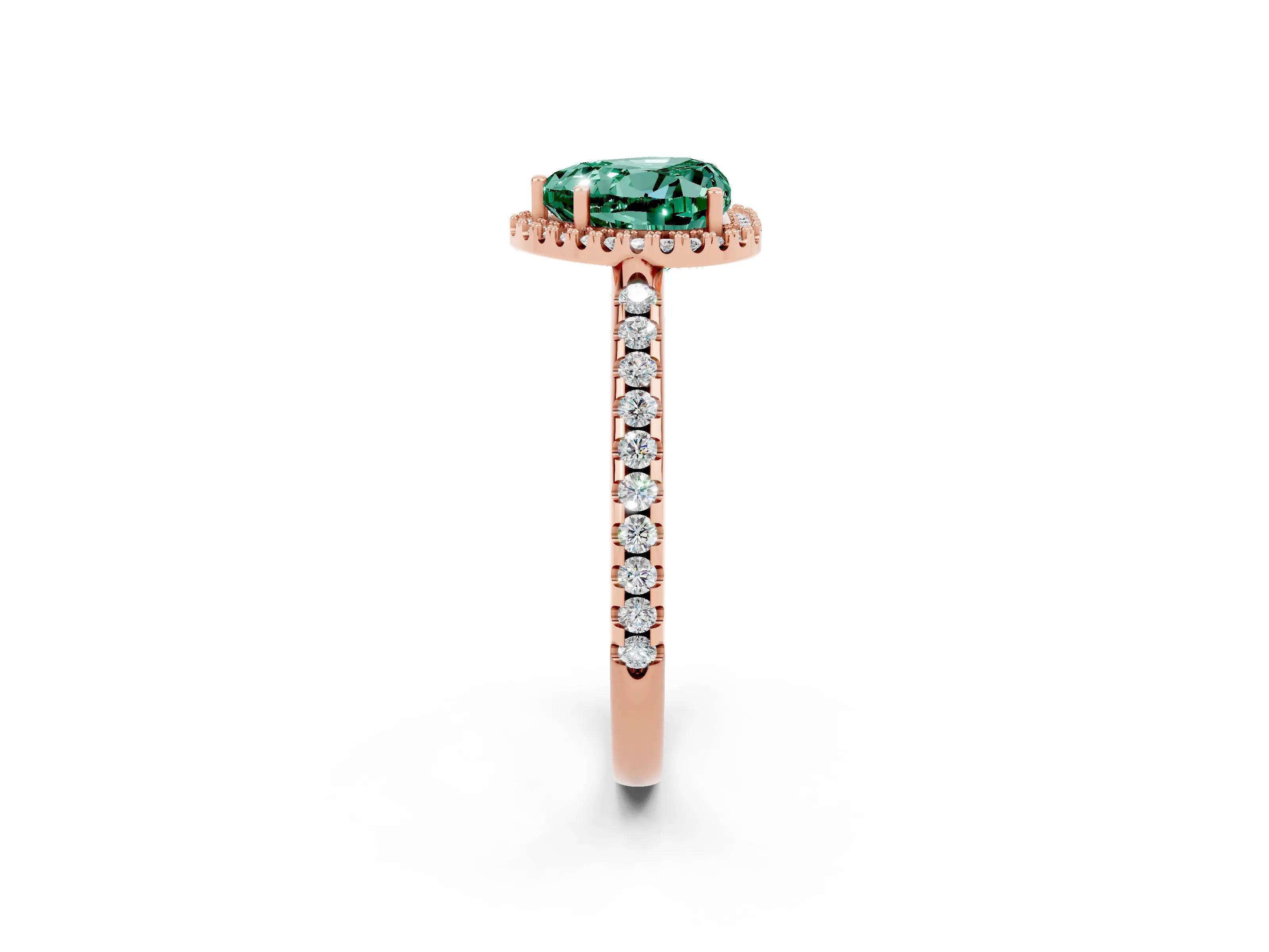 Rose gold Heart Cut Green Sapphire Pavé Halo Ring with Four-Prong Setting_14