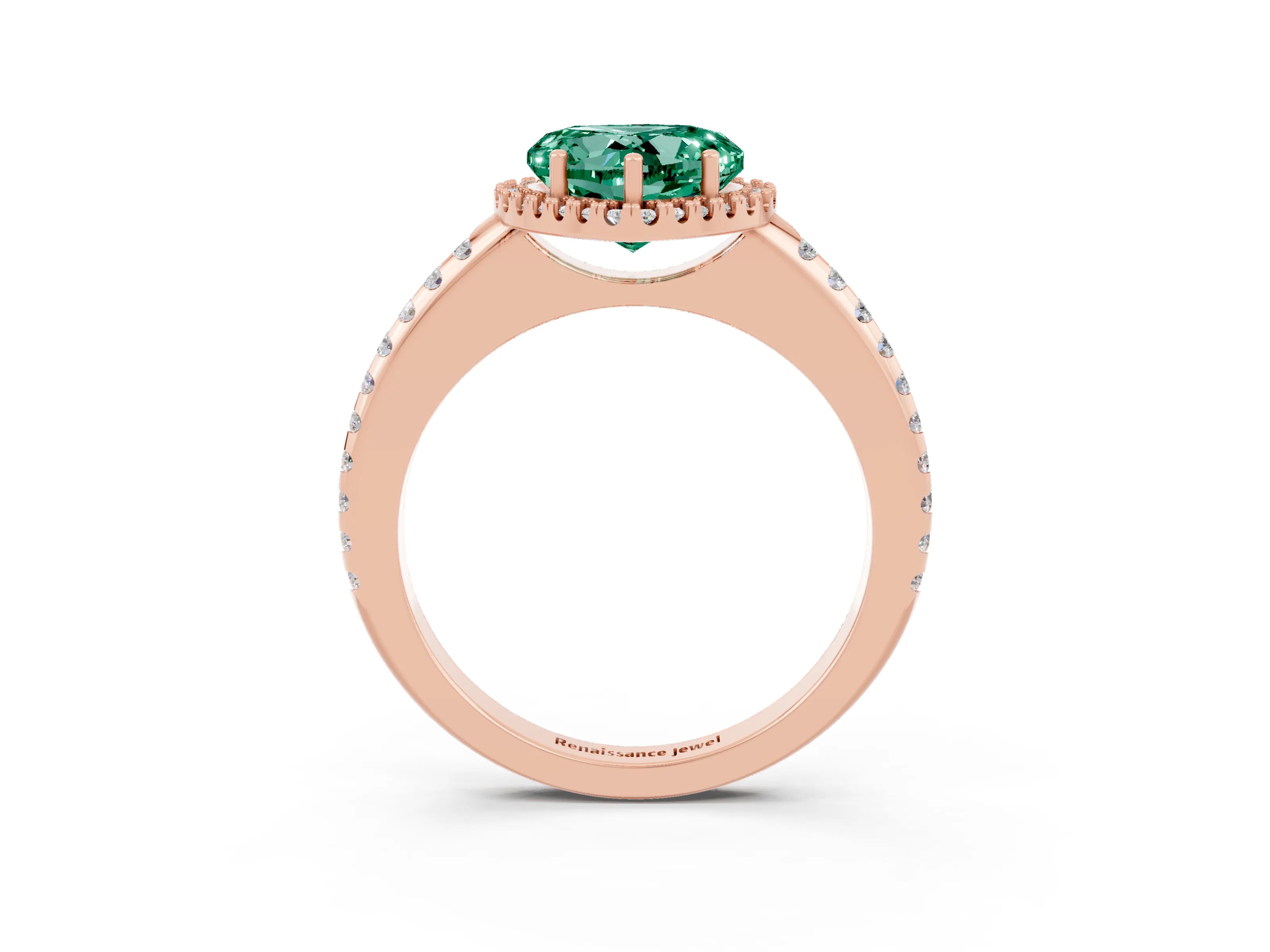 Rose gold Heart Cut Green Sapphire Pavé Halo Ring with Four-Prong Setting_15