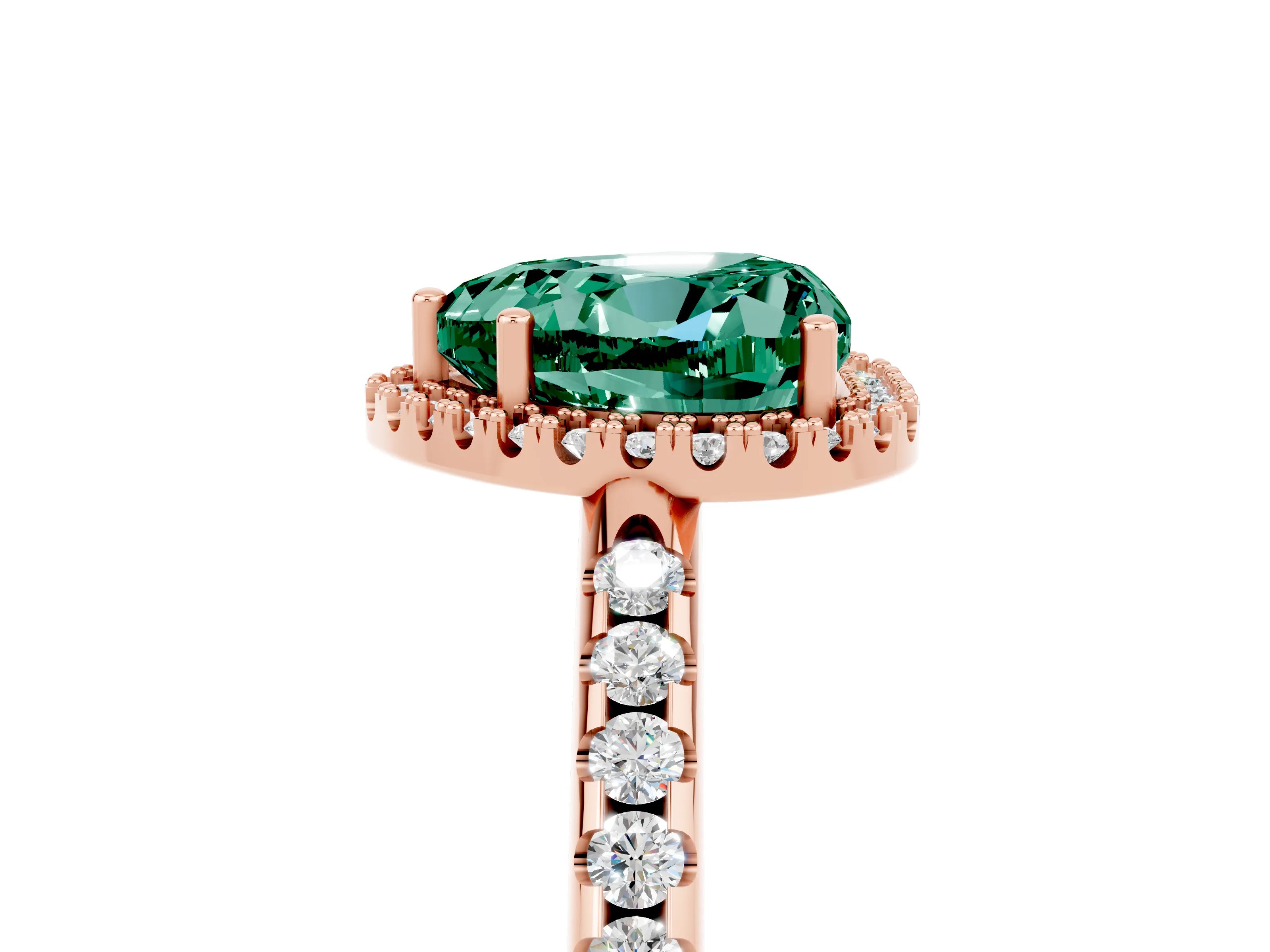 Rose gold Heart Cut Green Sapphire Pavé Halo Ring with Four-Prong Setting_17