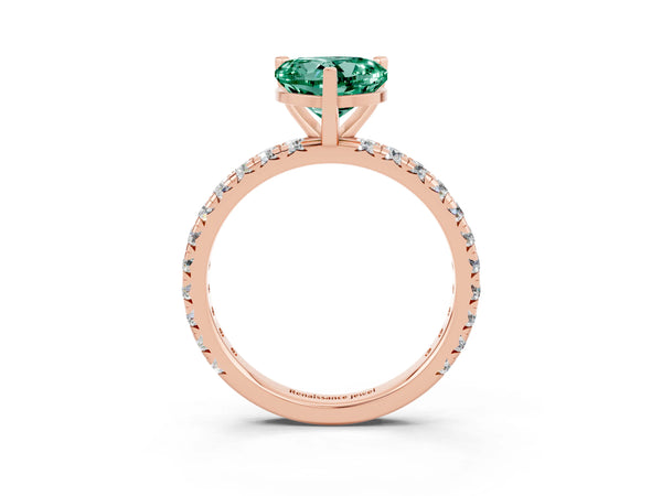 Rose gold Heart Cut Green Sapphire Pavé Solitaire Ring with Round Band and Prong Setting