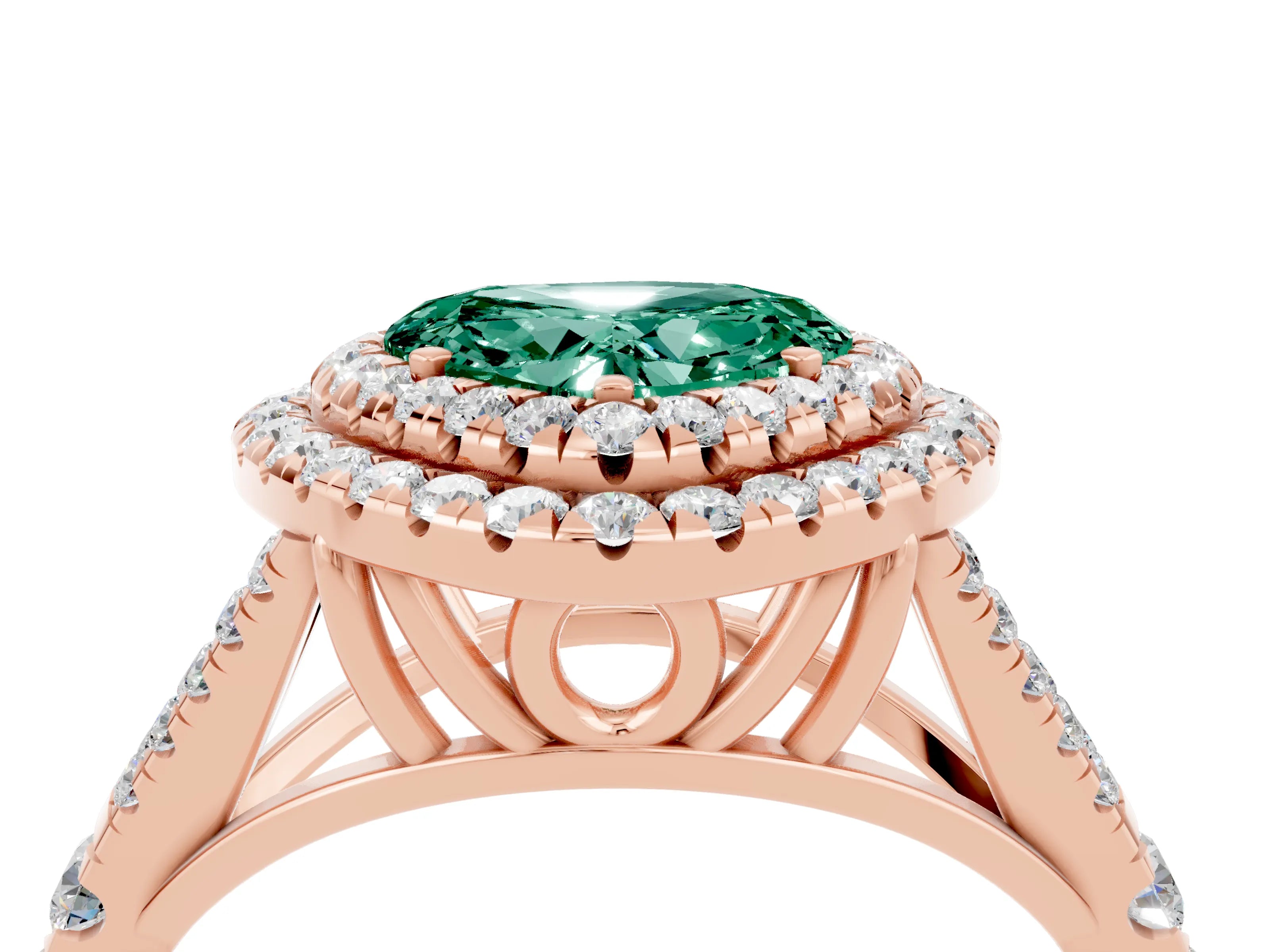 Rose gold Heart Cut Green Sapphire Pavé Split Shank Double Halo Engagement Ring_4