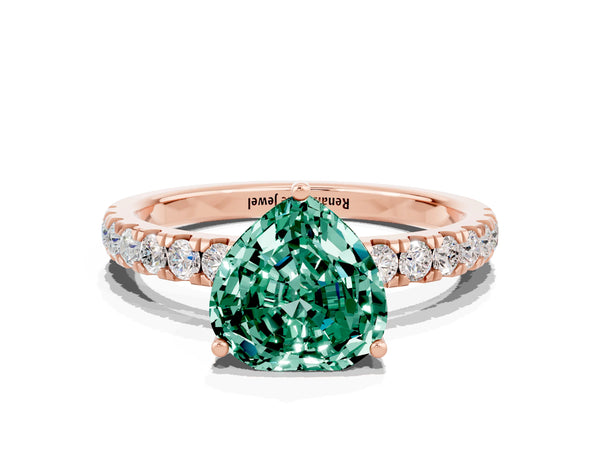 Rose gold Heart Cut Green Sapphire Pave Band Solitaire Ring with Round  and Prong Setting