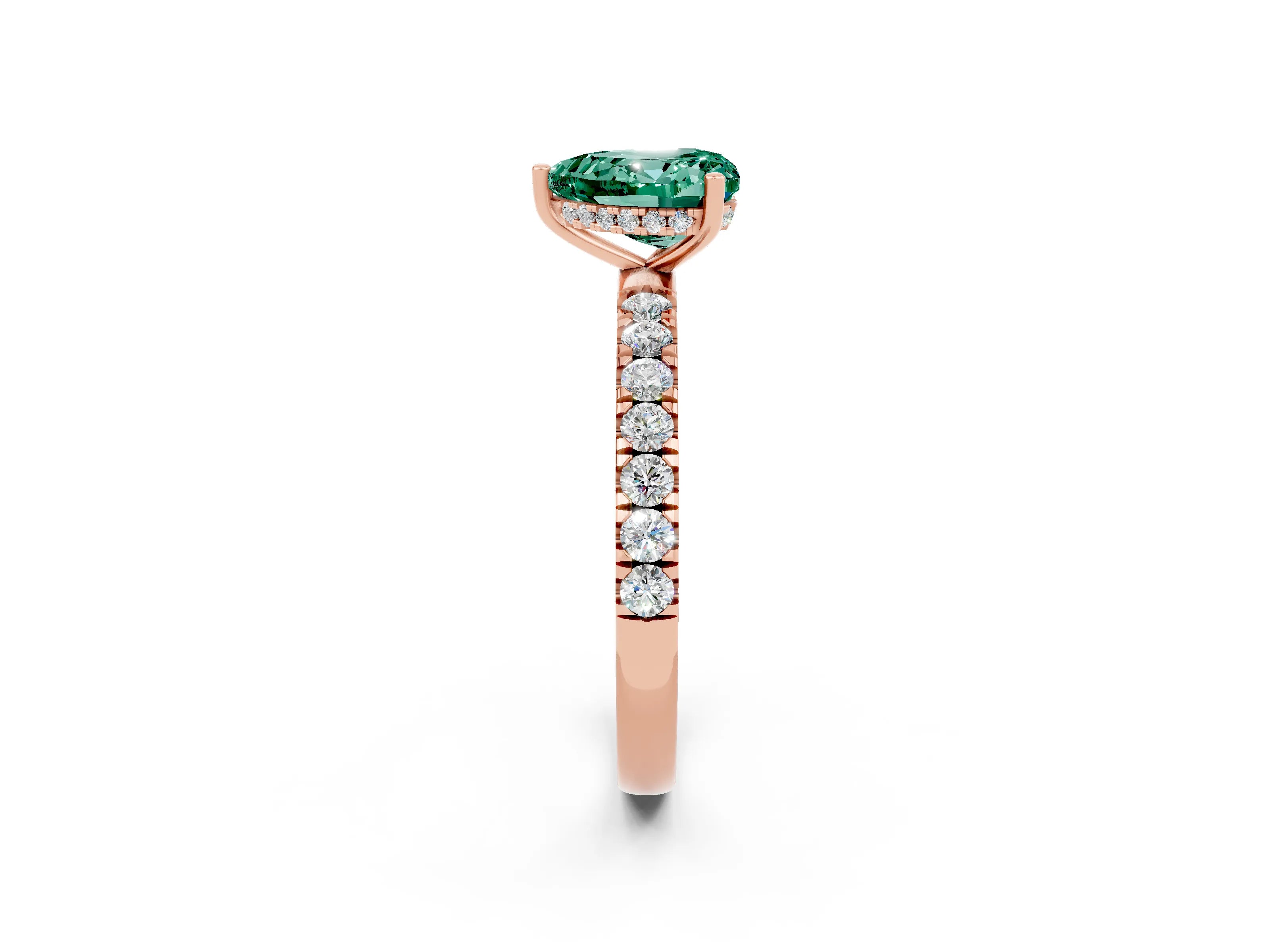 Rose gold Heart Cut Green Sapphire Pave Band Solitaire Ring with Four-Prong Setting_26