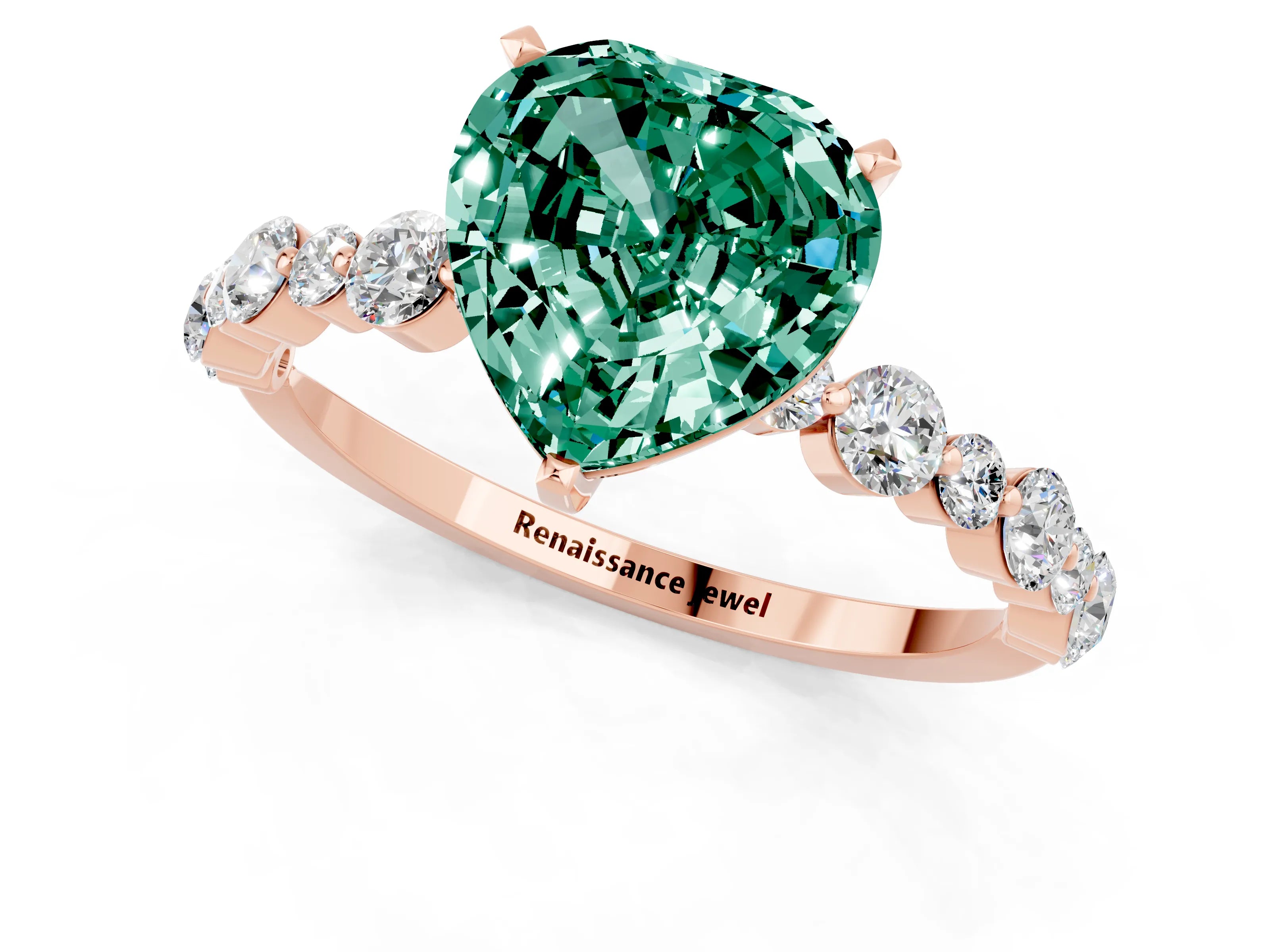 Rose gold Heart Cut Green Sapphire Prong Set Engagement Ring with Pavé Band_1