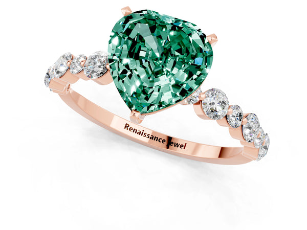 Rose gold Heart Cut Green Sapphire Prong Set Engagement Ring with Pavé Band