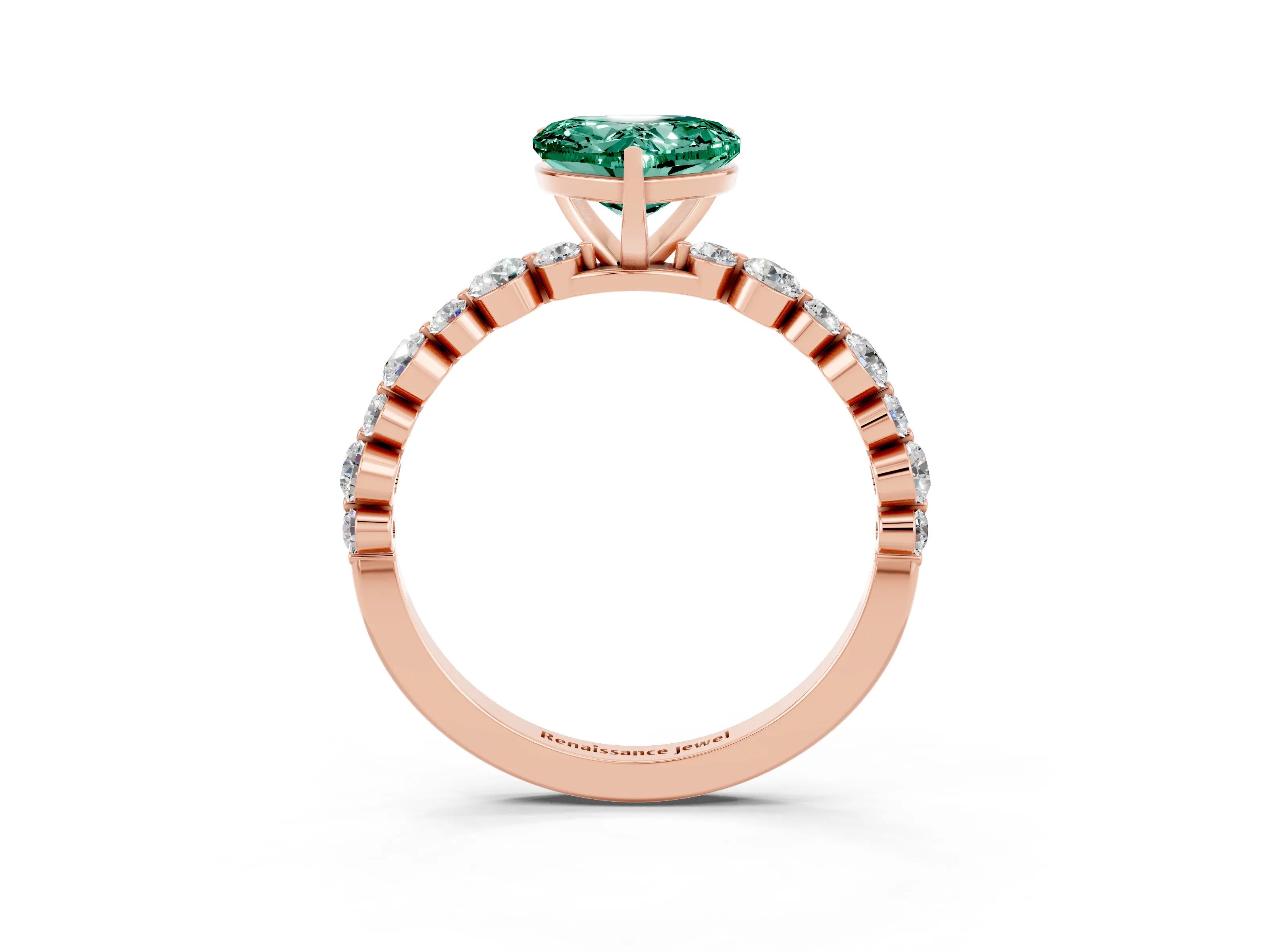 Rose gold Heart Cut Green Sapphire Prong Set Engagement Ring with Pavé Band_3