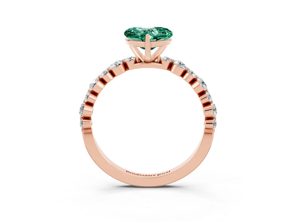 Rose gold Heart Cut Green Sapphire Prong Set Engagement Ring with Pavé Band
