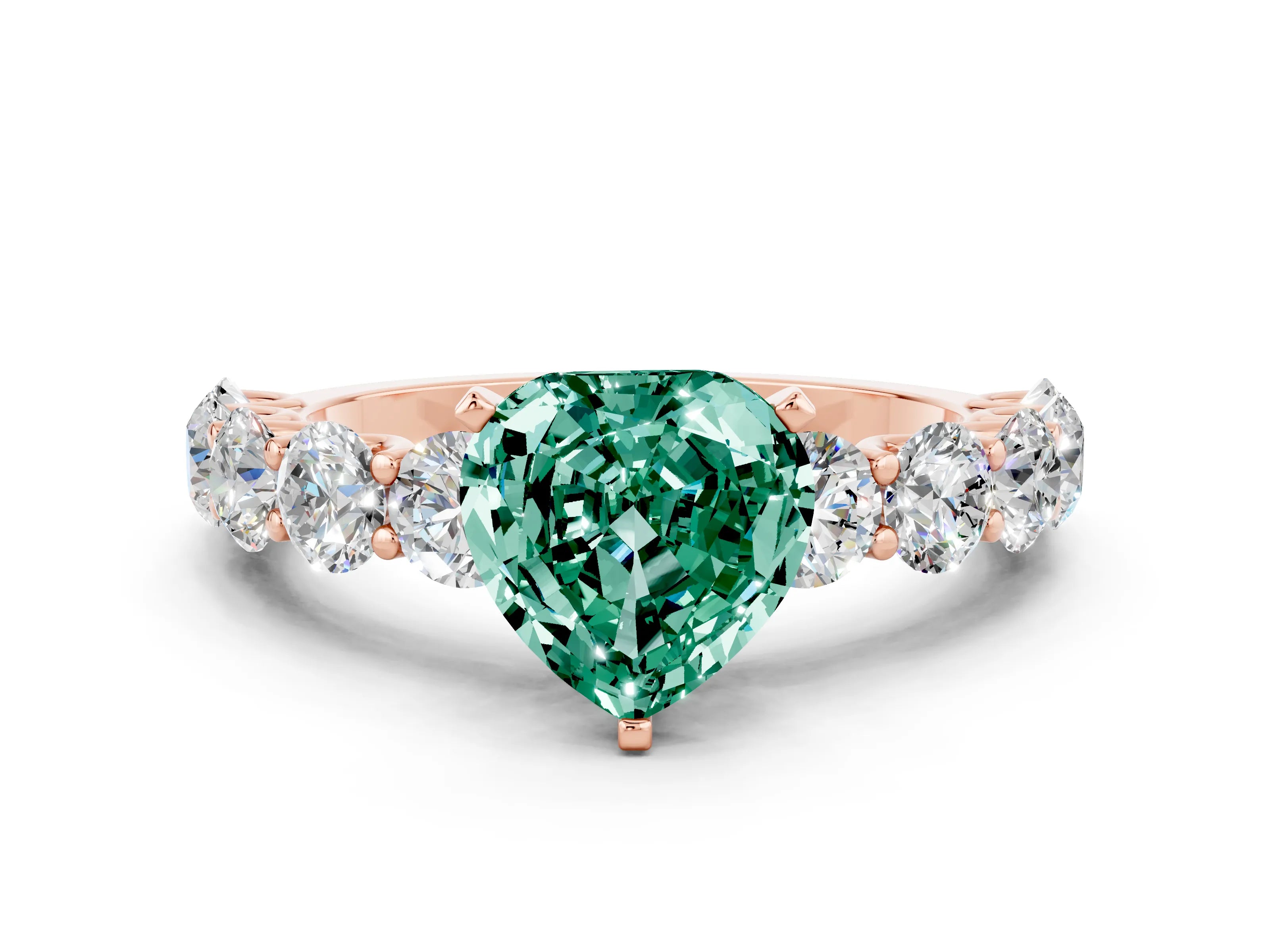 Rose gold Heart Cut Green Sapphire Prong Setting with Side Stones on a Pave Band