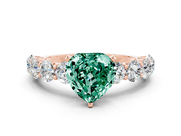 Rose gold Heart Cut Green Sapphire Prong Setting with Side Stones on a Pave Band