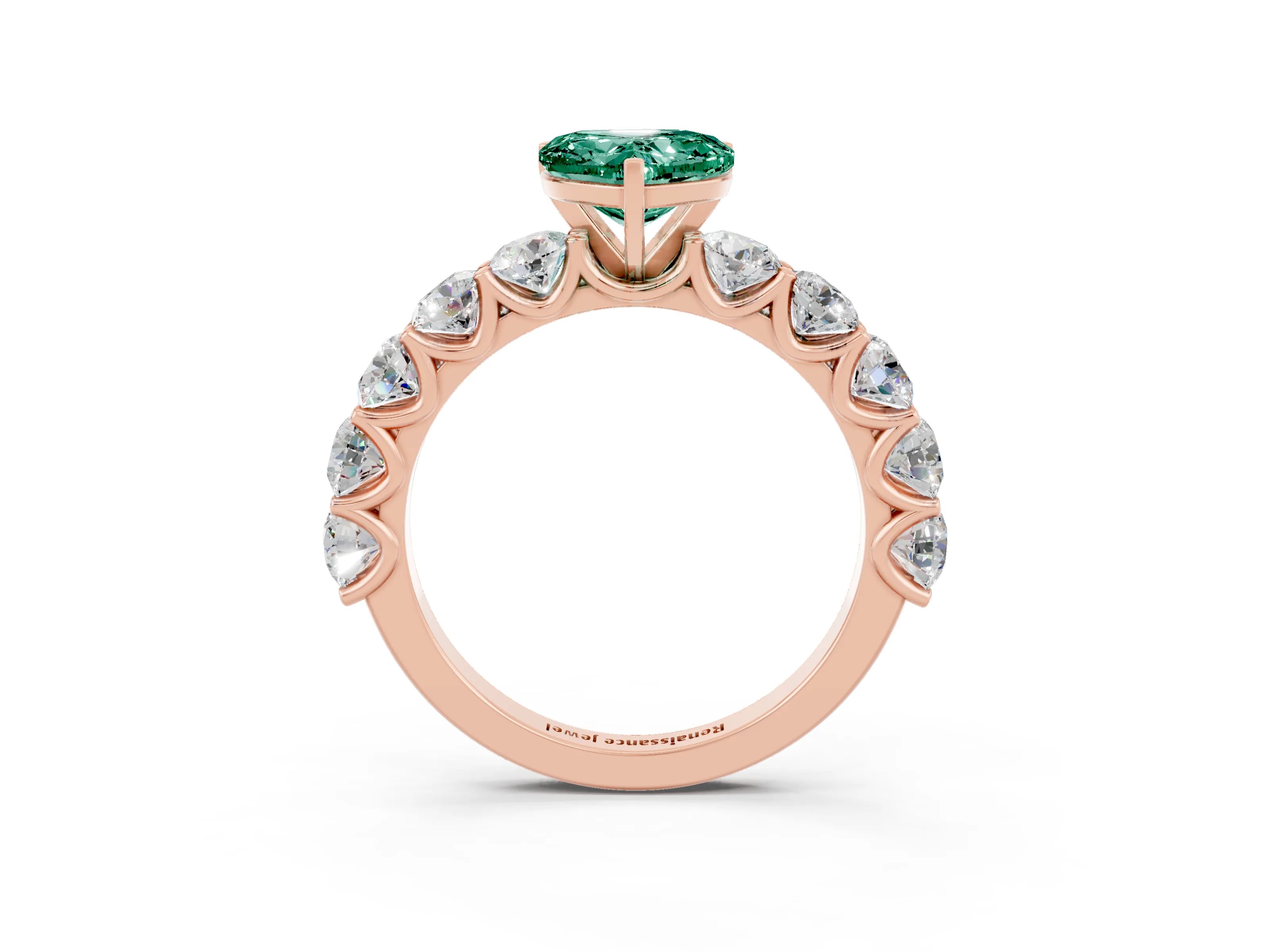 Rose gold Heart Cut Green Sapphire Prong Setting with Side Stones on a Pave Band_3