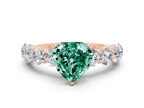 Rose gold Heart Cut Green Sapphire Prong Setting with Side Stones on a Pave Band