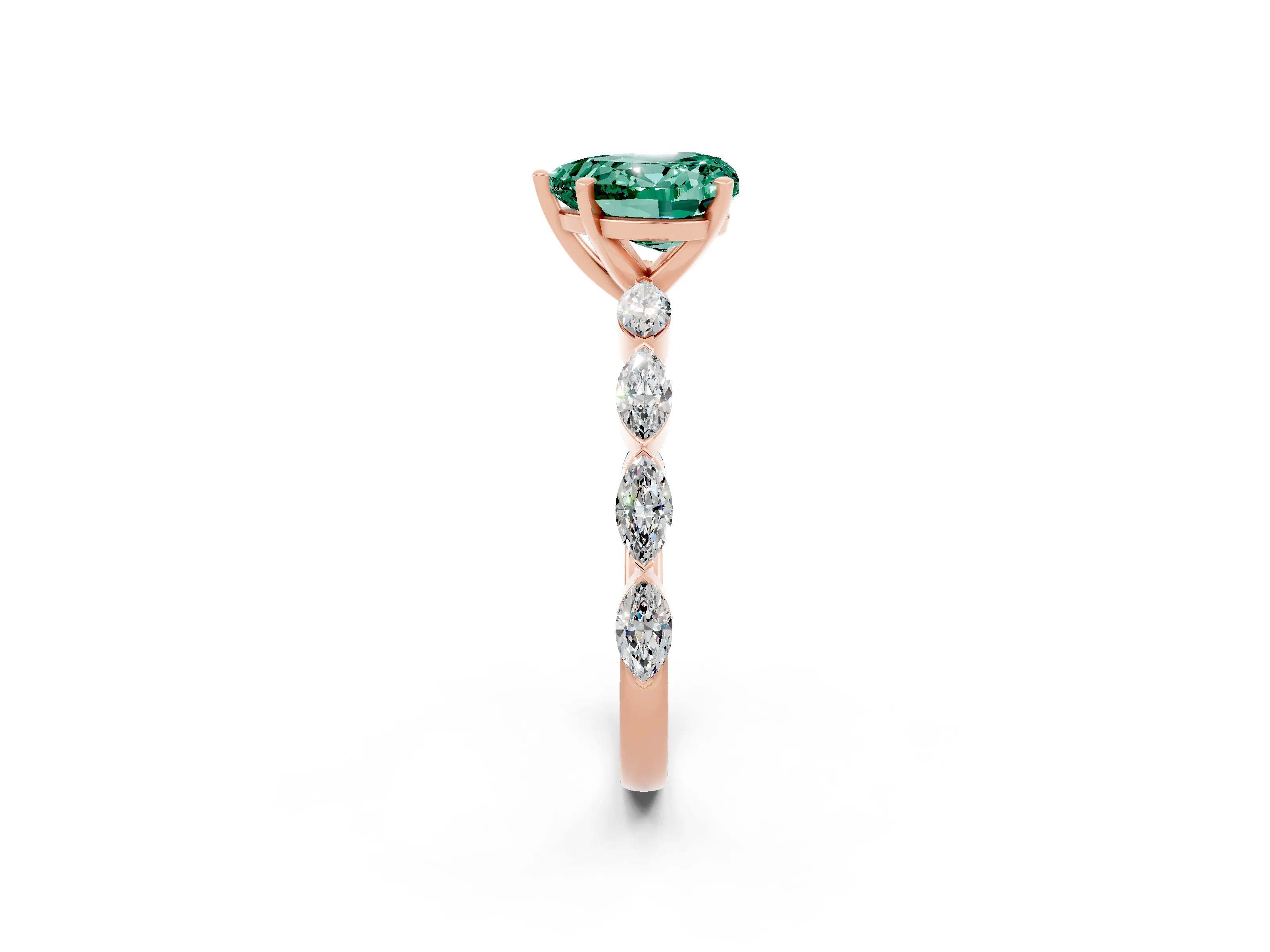 Rose gold Heart Cut Green Sapphire Ring with Marquise Side Stones and Prong Setting_2