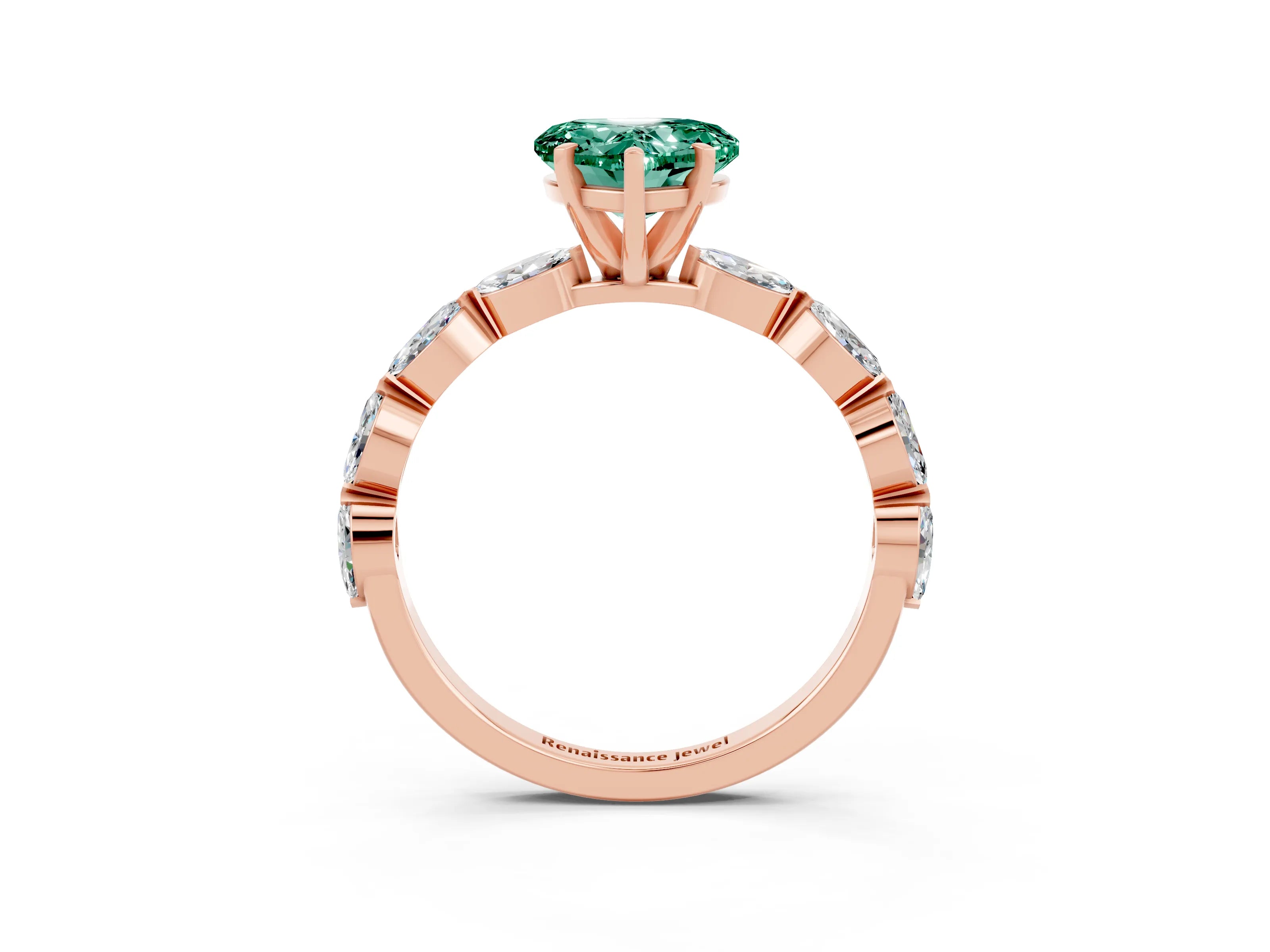 Rose gold Heart Cut Green Sapphire Ring with Marquise Side Stones and Prong Setting_3