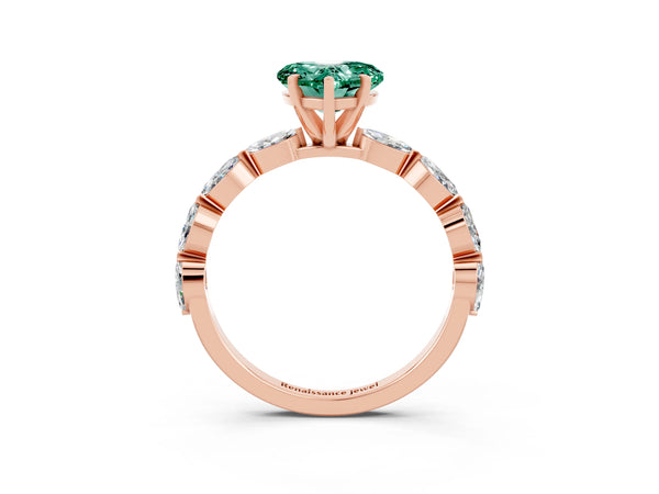 Rose gold Heart Cut Green Sapphire Ring with Marquise Side Stones and Prong Setting