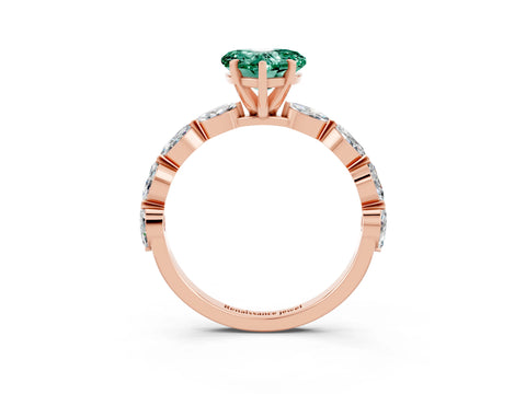 Rose gold Heart Cut Green Sapphire Ring with Marquise Side Stones and Prong Setting_3