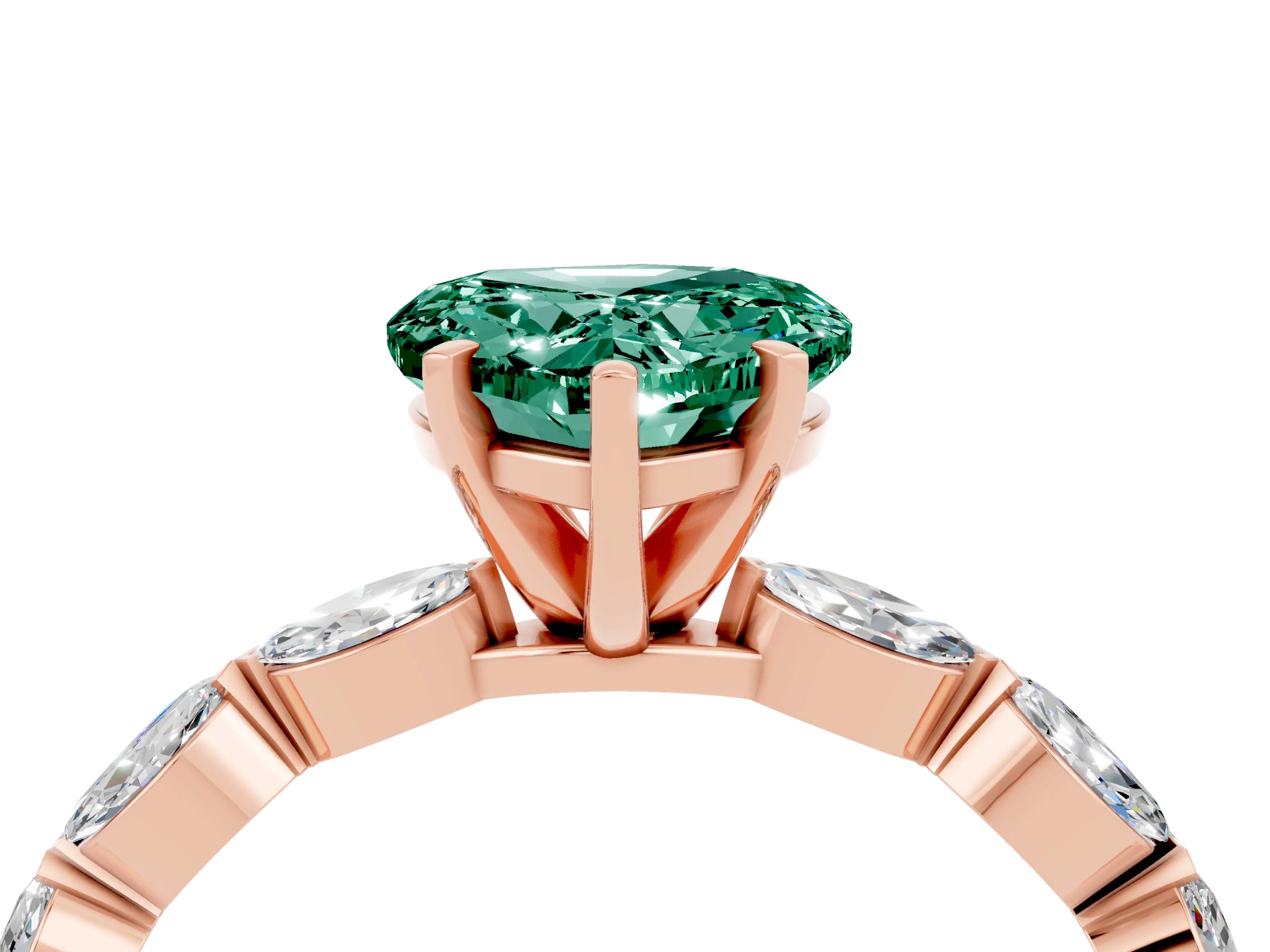 Rose gold Heart Cut Green Sapphire Ring with Marquise Side Stones and Prong Setting_4