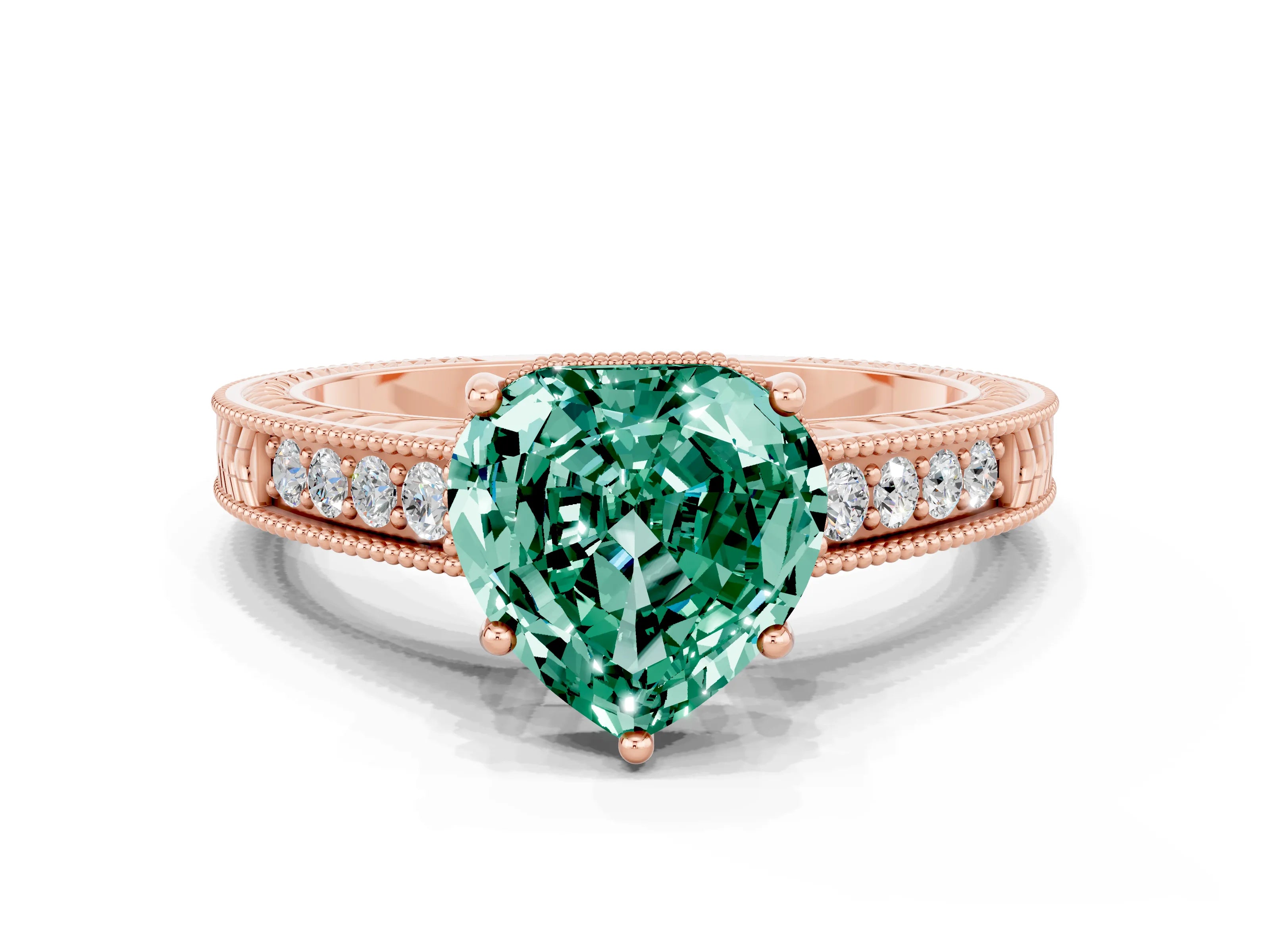 Rose gold Heart Cut Green Sapphire Ring with Milgrain Pavé Band and Four-Prong Setting_12